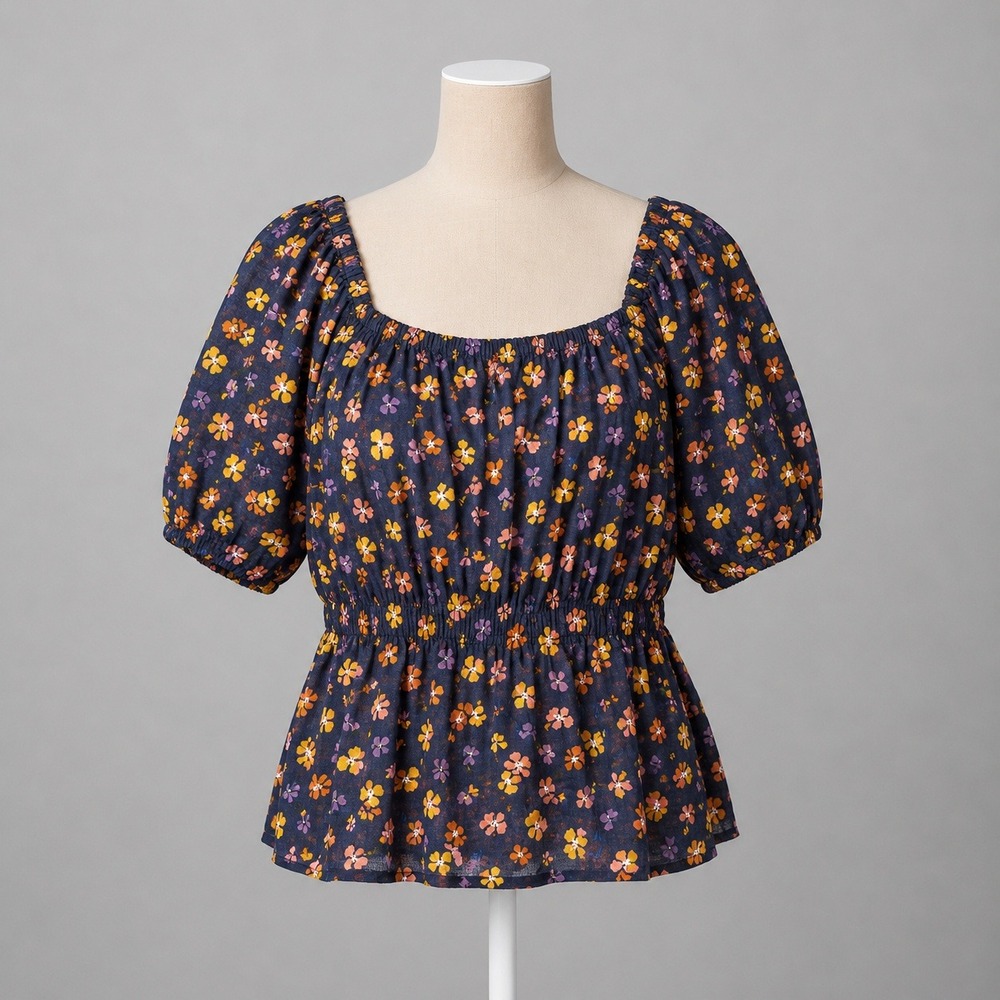 Floral Puff Sleeve Peasant Top Size M Smocked Cottagecore Prairie Boho Romantic